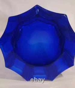 Mid Century Paneled Cut Italian Cobalt Art Glass Vase Clear Base 11 Inch