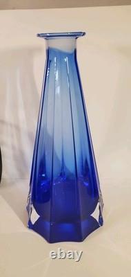 Mid Century Paneled Cut Italian Cobalt Art Glass Vase Clear Base 11 Inch