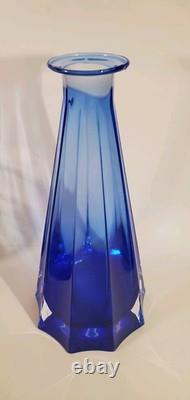 Mid Century Paneled Cut Italian Cobalt Art Glass Vase Clear Base 11 Inch