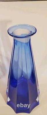 Mid Century Paneled Cut Italian Cobalt Art Glass Vase Clear Base 11 Inch