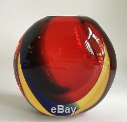 Mid Century Signed Signoretto Murano Vase, Red, Blue, & Amber Otello