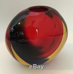 Mid Century Signed Signoretto Murano Vase, Red, Blue, & Amber Otello