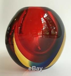 Mid Century Signed Signoretto Murano Vase, Red, Blue, & Amber Otello