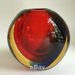 Mid Century Signed Signoretto Murano Vase, Red, Blue, & Amber Otello