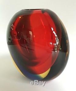 Mid Century Signed Signoretto Murano Vase, Red, Blue, & Amber Otello