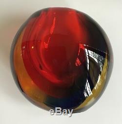 Mid Century Signed Signoretto Murano Vase, Red, Blue, & Amber Otello