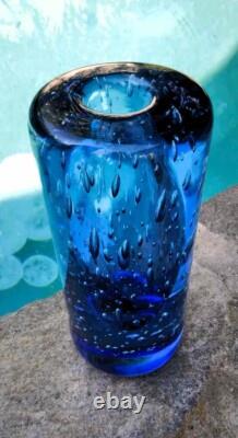 Mid-Century Tall Thick Heavy Capri Blue Blown Bubble Glass Cylinder Vase