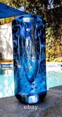 Mid-Century Tall Thick Heavy Capri Blue Blown Bubble Glass Cylinder Vase