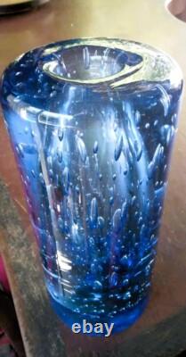 Mid-Century Tall Thick Heavy Capri Blue Blown Bubble Glass Cylinder Vase