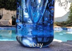 Mid-Century Tall Thick Heavy Capri Blue Blown Bubble Glass Cylinder Vase