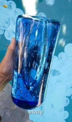 Mid-Century Tall Thick Heavy Capri Blue Blown Bubble Glass Cylinder Vase
