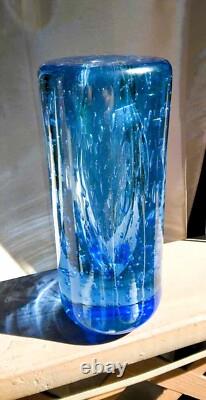 Mid-Century Tall Thick Heavy Capri Blue Blown Bubble Glass Cylinder Vase