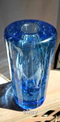 Mid-Century Tall Thick Heavy Capri Blue Blown Bubble Glass Cylinder Vase