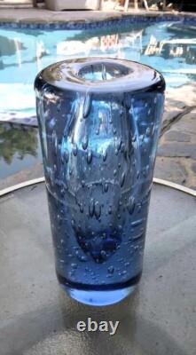 Mid-Century Tall Thick Heavy Capri Blue Blown Bubble Glass Cylinder Vase