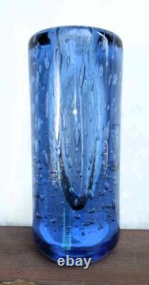 Mid-Century Tall Thick Heavy Capri Blue Blown Bubble Glass Cylinder Vase