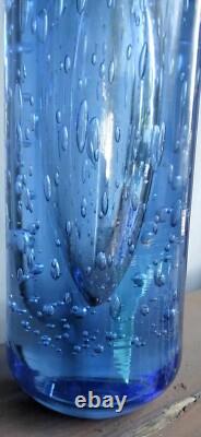 Mid-Century Tall Thick Heavy Capri Blue Blown Bubble Glass Cylinder Vase