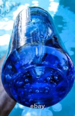 Mid-Century Tall Thick Heavy Capri Blue Blown Bubble Glass Cylinder Vase