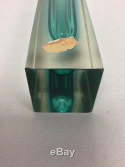Mid Mod 1960s Sommerso Blue Green Square Cut Murano Mandruzzato Glass Vase Label