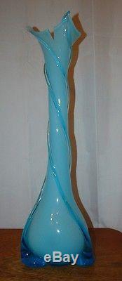 Mid century Extra Large MURANO GLASS vase blue on blue withapplied glass rope RARE