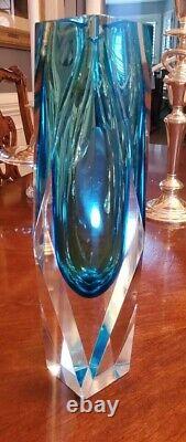 Mid century modern hand blown rare large blue flavio poli sommerso glass vase