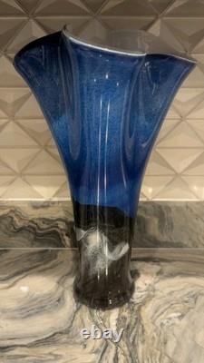 Mihai Topescu Signed Art Glass Vase Large 16 Romanian Studio Glass Blue