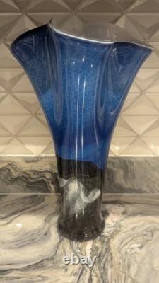 Mihai Topescu Signed Art Glass Vase Large 16 Romanian Studio Glass Blue