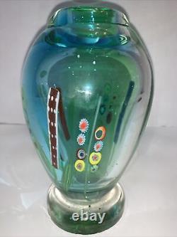 Millefiori Vase Murano Italy Hand-Blown Multicolored Art Blue Green Glass 7.5