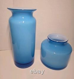 Mint! Mid-Century Modern POTTERY BARN blue & white cased glass Ball Vase Set