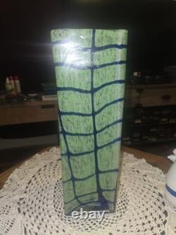 Modern Art Glass Square Vase Green White Clear Deep Blue 15.75T 5Sq Contemp EC