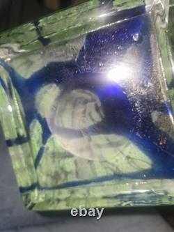 Modern Art Glass Square Vase Green White Clear Deep Blue 15.75T 5Sq Contemp EC
