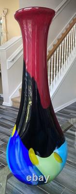 Modern Art Glass Vase Seapoot Blending Blue Red Yellow Black Heavy Tall 25H