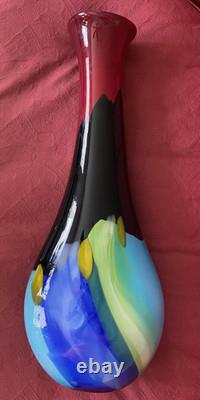 Modern Art Glass Vase Seapoot Blending Blue Red Yellow Black Heavy Tall 25H