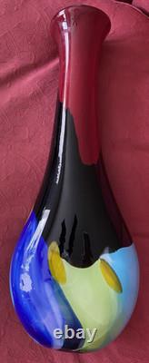 Modern Art Glass Vase Seapoot Blending Blue Red Yellow Black Heavy Tall 25H