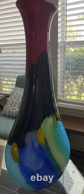 Modern Art Glass Vase Seapoot Blending Blue Red Yellow Black Heavy Tall 25H