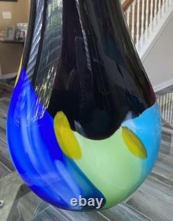 Modern Art Glass Vase Seapoot Blending Blue Red Yellow Black Heavy Tall 25H