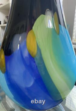 Modern Art Glass Vase Seapoot Blending Blue Red Yellow Black Heavy Tall 25H