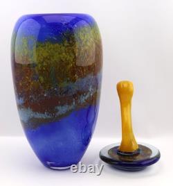 Modern Art Glass Vase with Sculptural Yellow Stopper 18 Blue Mottled