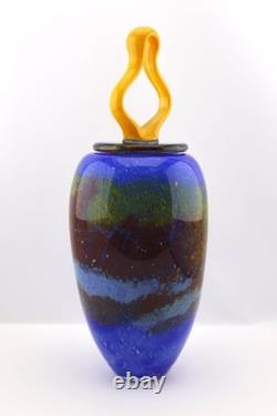 Modern Art Glass Vase with Sculptural Yellow Stopper 18 Blue Mottled