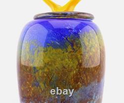 Modern Art Glass Vase with Sculptural Yellow Stopper 18 Blue Mottled