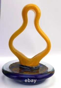 Modern Art Glass Vase with Sculptural Yellow Stopper 18 Blue Mottled