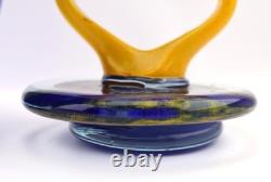 Modern Art Glass Vase with Sculptural Yellow Stopper 18 Blue Mottled