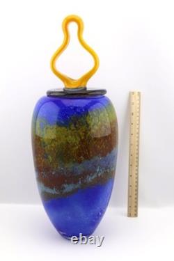 Modern Art Glass Vase with Sculptural Yellow Stopper 18 Blue Mottled
