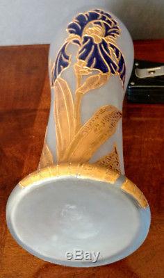 Mont Joye/Legras Art Glass Tall Vase Blue Satin Gold & Dark Blue IRIS Flower