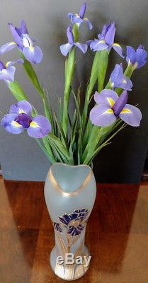 Mont Joye/Legras Art Glass Tall Vase Blue Satin Gold & Dark Blue IRIS Flower