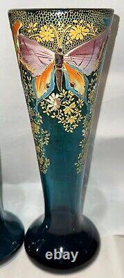 Mont Joye Legras Art Glass Vase Heavy blue Gold Enamel Butterflies Floral 12