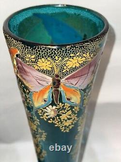 Mont Joye Legras Art Glass Vase Heavy blue Gold Enamel Butterflies Floral 12