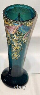 Mont Joye Legras Art Glass Vase Heavy blue Gold Enamel Butterflies Floral 12