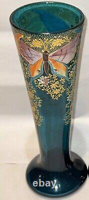 Mont Joye Legras Art Glass Vase Heavy blue Gold Enamel Butterflies Floral 12