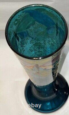 Mont Joye Legras Art Glass Vase Heavy blue Gold Enamel Butterflies Floral 12