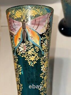 Mont Joye Legras Art Glass Vase Heavy blue Gold Enamel Butterflies Floral 12